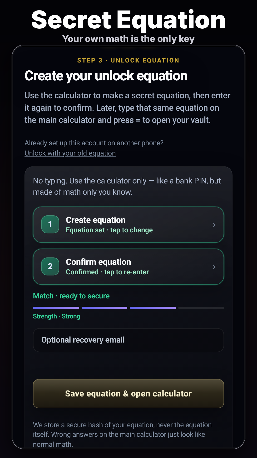 Lock It screen explaining the secret equation that opens the vault