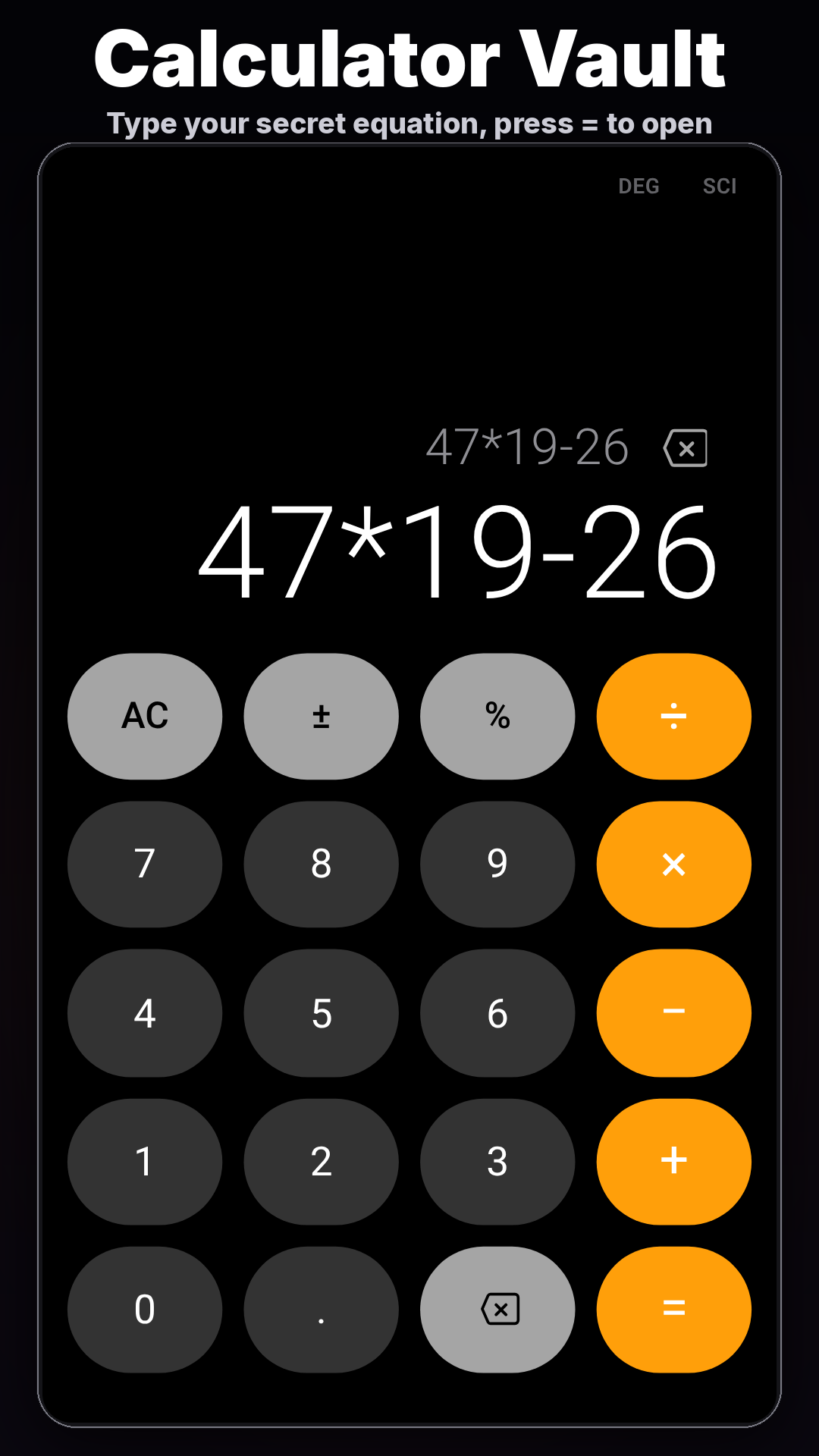 Lock It: Calculator Vault home screen, a working calculator